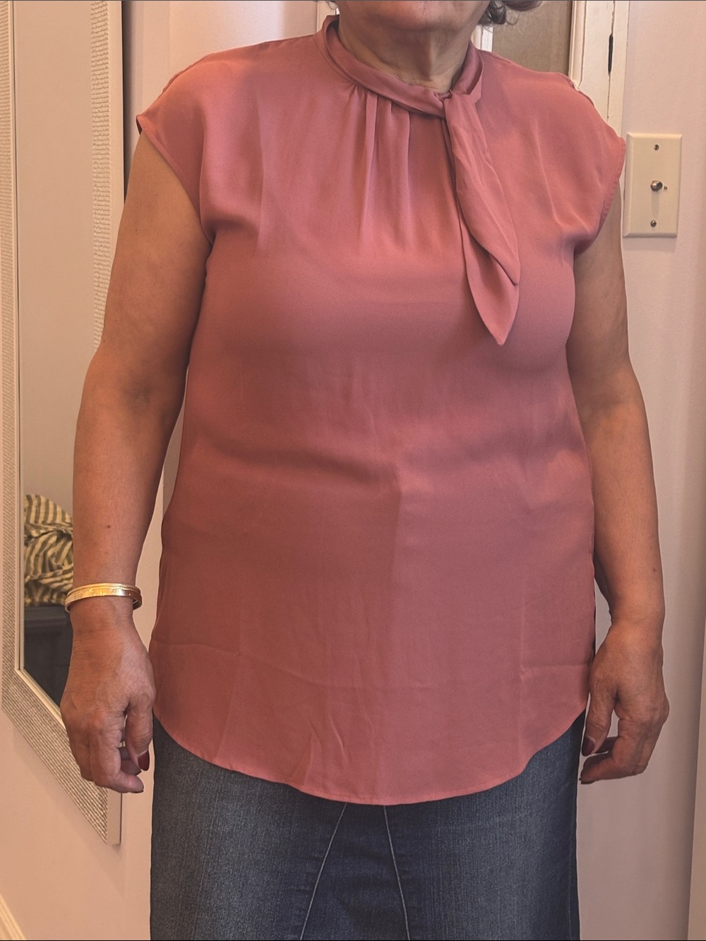Cap-Sleeve Tie-Neck Blouse in Dusty Rose
